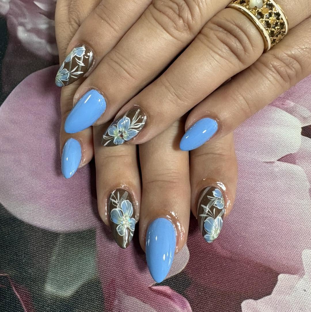 Blue floral custom nail art almond gel nails at Ta Bella Fgura