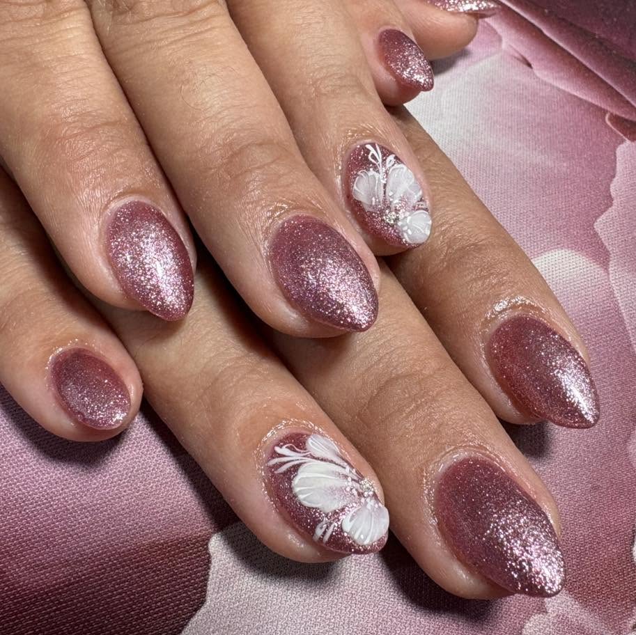 Rose glitter gel nails with white 3D floral nail art Fgura